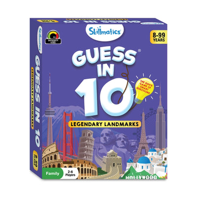 Purple Guess in 10 Legendary Landmarks educational board game box for ages 8+