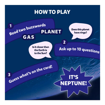 Game instruction card for guessing planets in Guess in 10 All About Space trivia game