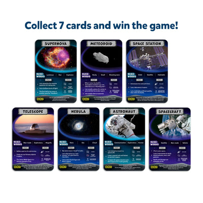 Set of seven space-themed collectible trading cards for Guess in 10 All About Space game