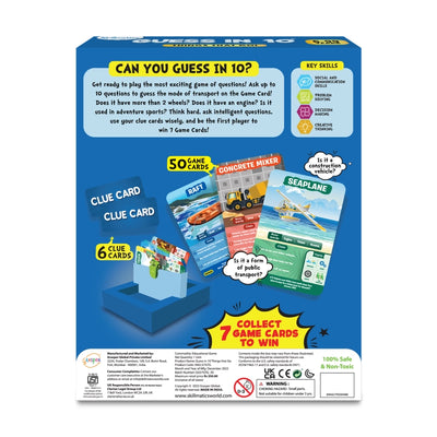 Children’s educational game box with clue and game cards for Guess in 10 Things That Go!