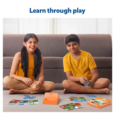 Children playing Guess in 10 Wonders of India trivia card game for ages 8 plus