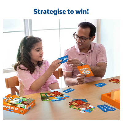 Family playing Guess in 10 Wonders of India trivia card game for children and adults