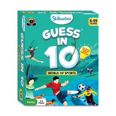 Board game with teal box featuring sports illustrations for Guess in 10 World of Sports