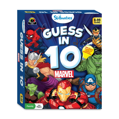 Marvel-themed trivia card game for 2-6 players aged 8 and up featuring superhero characters