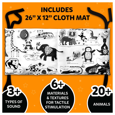 Black and white sensory cloth play mat with animals and interactive elements for infants