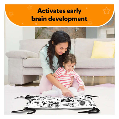 Black and white soft baby book from Touch & Tickle Time Bundle for early brain development