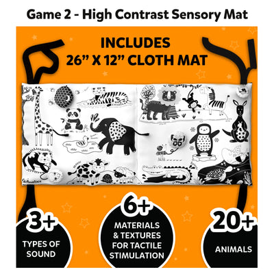 Black and white high-contrast sensory mat with animal illustrations and tactile features for ages 0-3