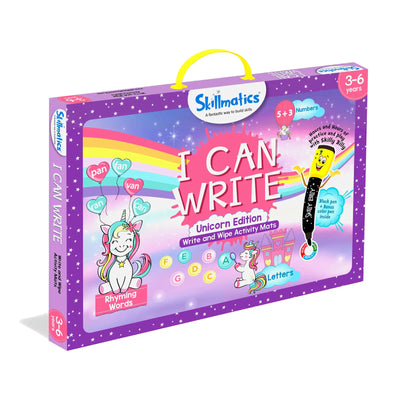 Purple I Can Write Unicorn Edition activity kit with yellow handle for preschool learning