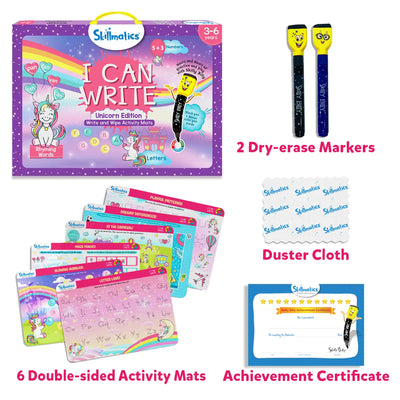 Children’s Unicorn Writing and Activity Set with Markers, Mats, Duster, and Certificate