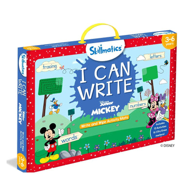 Mickey Mouse-themed I Can Write activity kit for ages 3 to 6 with reusable mats