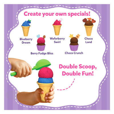Children’s toy ice cream set with colorful scoops and cones for pretend play