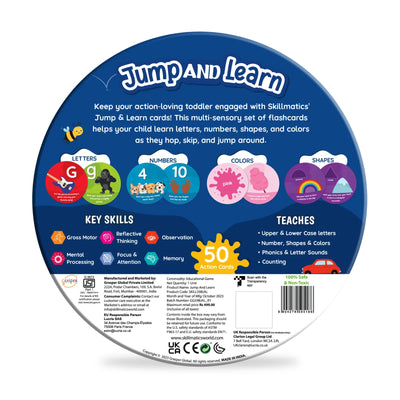 Blue-themed circular educational flashcard set for toddlers in Jump and Learn product