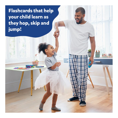 Father and child playing with white tutu, plaid pajamas in Jump and Learn Flash Cards for Toddlers