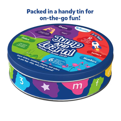 Colorful Jump and Learn educational tin with action cards for toddlers ages 2-5