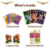 Components of Jungle Party card game including cards, character standees, and manual