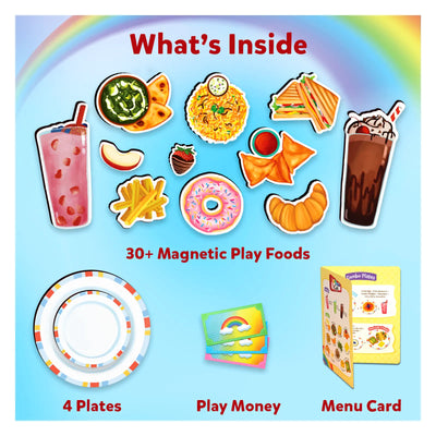 Magnetic pretend play food set with over 30 items, plates, play money, and menu card