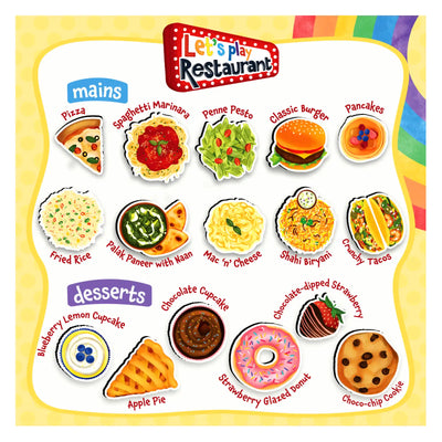 Colorful menu board for Lets Play Restaurant game with main courses and desserts