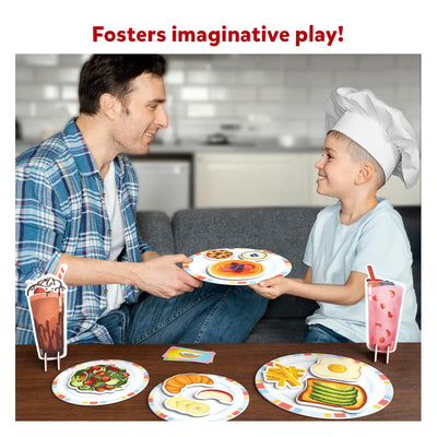 Father and son playing with Let’s Play Restaurant Magnetic Pretend Play Set featuring breakfast toy food