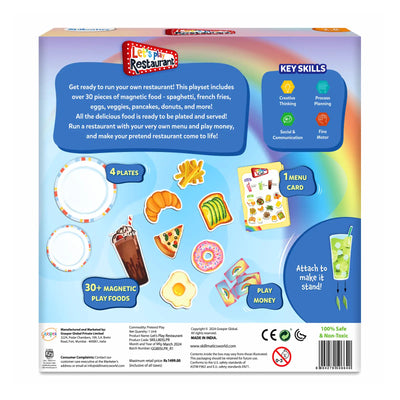 Children’s play restaurant set with magnetic food plates menu card and play money