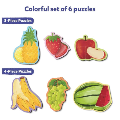 Colorful fruit-shaped puzzles with three and four pieces from My First Puzzle Set Fruit Fun