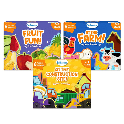 Educational puzzle set for children featuring fruits, farm animals, and construction vehicles