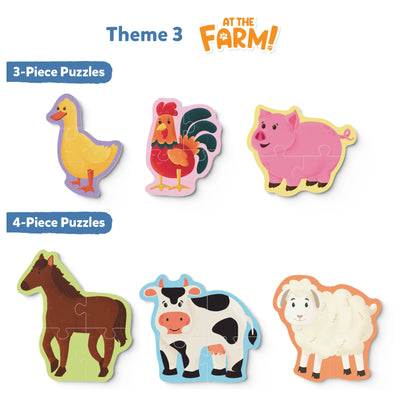 Farm animal-themed puzzles for kids ages 3-6 featuring six 3- and 4-piece puzzles