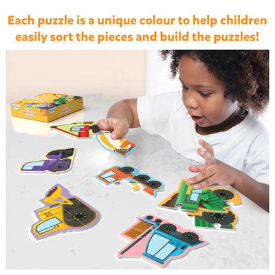 Child assembling colorful vehicle-shaped puzzles from My First Puzzle Set Mega Combo