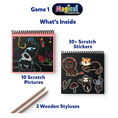 Animal Enthusiast Art Set for ages 3-8 featuring Magical Scratch Art kit with pictures, stickers, and styluses