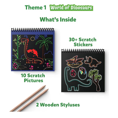 Dinosaur-themed scratch art kit with pictures, stickers, and styluses from Travel Friendly Magical Scratch Art Book Mega Combo