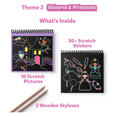 Travel friendly magical scratch art book featuring unicorn and princess themes for kids