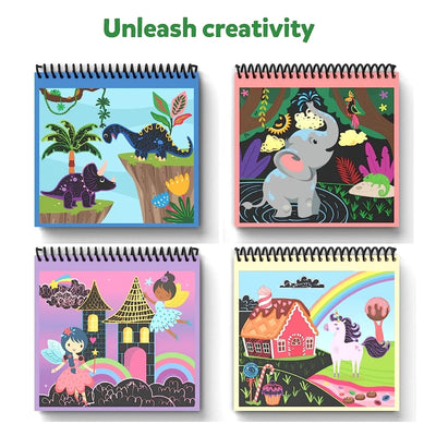 Four spiral-bound Magical Scratch Art Books with colorful engaging designs for kids