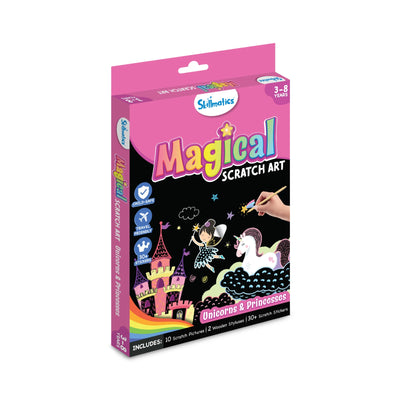 Pink Skillmatics Magical Scratch Art Box with Unicorns, Princesses, Styluses, and Stickers