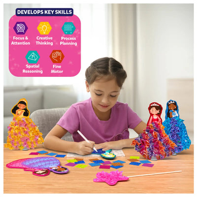 Craft kit for children to create princess dolls with ruffled skirts promoting developmental skills