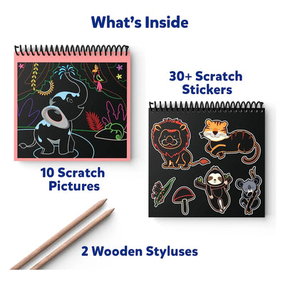 Travel Friendly Magical Scratch Art Book with spiral notebook, scratch pictures, stickers, and styluses for kids ages 3-8