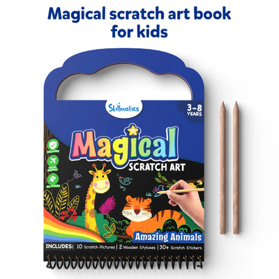 Travel friendly Magical Scratch Art Book Amazing Animals for ages 3-8 with scratch pictures and stickers