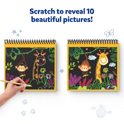 Two spiral-bound magical scratch art books with detailed animal designs for kids ages 3 to 8