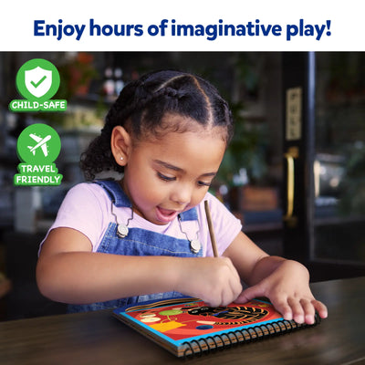 Young girl engrossed in colorful Magical Scratch Art Book featuring amazing animals for ages 3-8