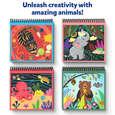 Four spiral-bound scratch art notebooks with colorful animal illustrations for children