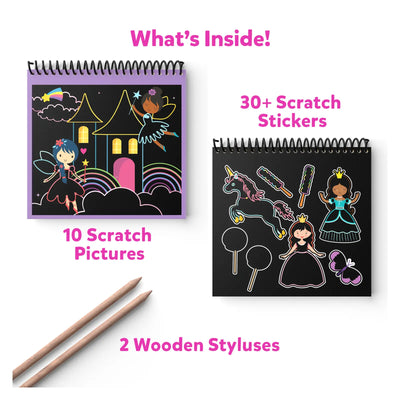 Travel friendly Magical Scratch Art Book with unicorns princesses stickers and styluses