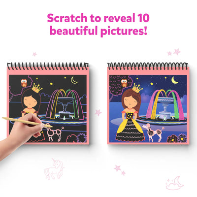 Travel friendly magical scratch art book with princess-themed illustrations for kids