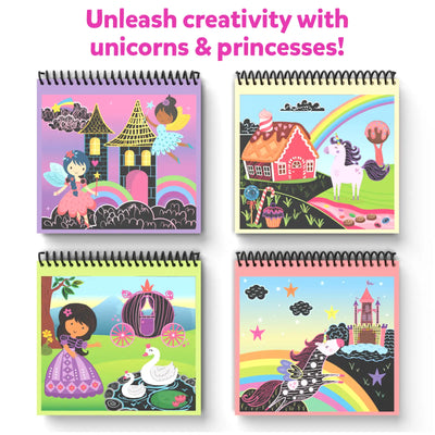 Four spiral-bound scratch art pads with fairy tale scenes in the Travel Friendly Magical Scratch Art Book for ages 3-8