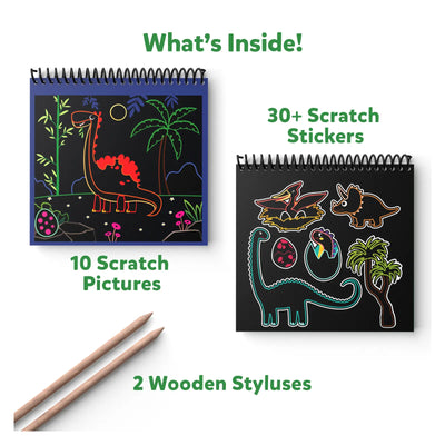 Dinosaur-themed scratch art kit with pictures, stickers, and styluses for kids ages 3-8