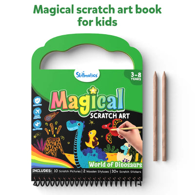 Travel Friendly Magical Scratch Art Book World of Dinosaurs for Kids with Styluses and Stickers