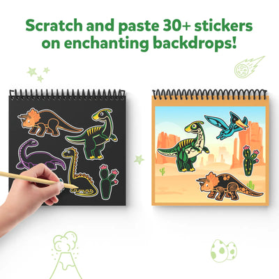 Spiral-bound Dinosaur Scratch Art Book with stickers and backdrops for kids ages 3-8