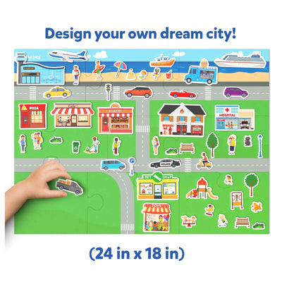 Colorful Magnetopia playmat with roads, buildings, vehicles, and magnetic accessories for kids