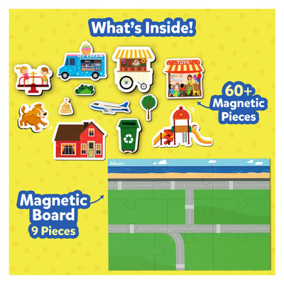 Magnetopia Design Your City magnetic play set with over 60 pieces and a 9-piece board