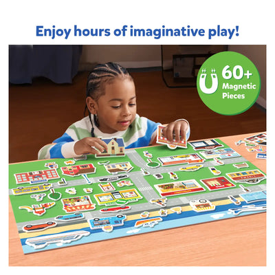 Magnetic play set with town map, buildings, and vehicles for kids ages 3-7