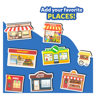 Magnetopia magnetic play pieces featuring various storefronts for interactive pretend play