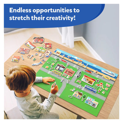 Magnetic play mat with magnetic pieces creating a colorful town scene for kids ages 3-7
