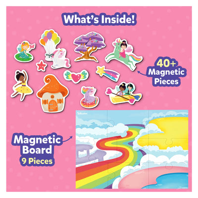 Children’s magnetic play set with fantasy-themed pieces and a magnetic board for ages 3-7